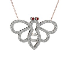 Garnet ve beyaz zirkon 18 ayar beyaz altın kolye (40 cm rose altın rolo zincir)