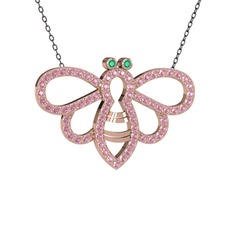 Kök zümrüt ve pembe kuvars 18 ayar rose altın kolye (40 cm gümüş rolo zincir)