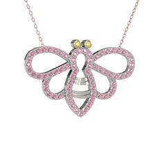 Bumblebee Arı Kolye - Sitrin ve pembe kuvars 18 ayar beyaz altın kolye (40 cm rose altın rolo zincir) #1lj2rac