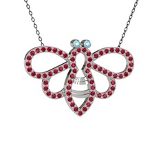 Bumblebee Arı Kolye - Akuamarin ve rodolit garnet 18 ayar beyaz altın kolye (40 cm gümüş rolo zincir) #1mbap6w