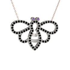 Bumblebee Arı Kolye - Ametist ve siyah zirkon 18 ayar beyaz altın kolye (40 cm gümüş rolo zincir) #1mto1lv