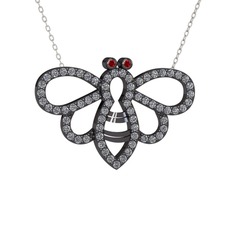 Bumblebee Arı Kolye - Garnet ve pırlanta 925 ayar siyah rodyum kaplama gümüş kolye (0.737 karat, 40 cm beyaz altın rolo zincir) #1muqh09