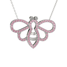 Bumblebee Arı Kolye - Beyaz zirkon ve pembe kuvars 8 ayar beyaz altın kolye (40 cm beyaz altın rolo zincir) #1nsivt3