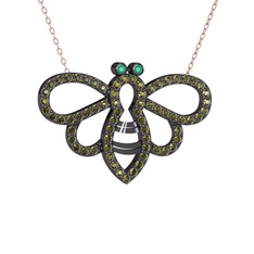 Bumblebee Arı Kolye - Kök zümrüt ve peridot 925 ayar siyah rodyum kaplama gümüş kolye (40 cm rose altın rolo zincir) #1o7uhdw