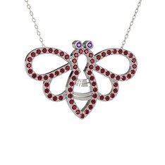 Bumblebee Arı Kolye - Ametist ve kök zümrüt 14 ayar beyaz altın kolye (40 cm gümüş rolo zincir) #1ofd24y