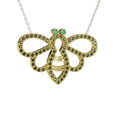 Bumblebee Arı Kolye - Kök zümrüt ve peridot 14 ayar altın kolye (40 cm beyaz altın rolo zincir) #1ogw8gy
