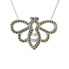 Bumblebee Arı Kolye - Kök yakut ve peridot 14 ayar beyaz altın kolye (40 cm rose altın rolo zincir) #1p0whb7