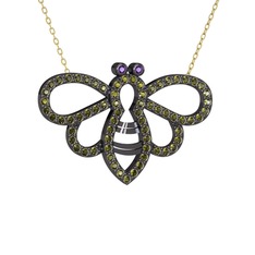 Bumblebee Arı Kolye - Ametist ve peridot 925 ayar siyah rodyum kaplama gümüş kolye (40 cm altın rolo zincir) #1qvaylg