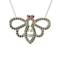 Rodolit garnet ve peridot 18 ayar beyaz altın kolye (40 cm rose altın rolo zincir)