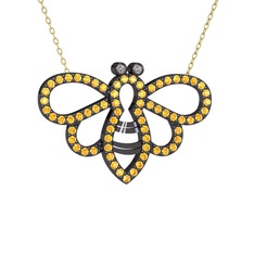 Bumblebee Arı Kolye - Swarovski ve sitrin 925 ayar siyah rodyum kaplama gümüş kolye (40 cm altın rolo zincir) #1rxq6m1