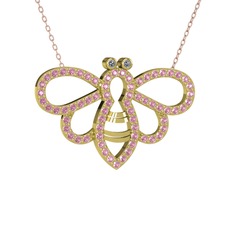 Bumblebee Arı Kolye - Pırlanta ve pembe kuvars 925 ayar altın kaplama gümüş kolye (0.022 karat, 40 cm rose altın rolo zincir) #1sus5bt
