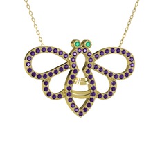 Bumblebee Arı Kolye - Kök zümrüt ve ametist 925 ayar altın kaplama gümüş kolye (40 cm altın rolo zincir) #1t27zmy