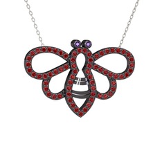 Bumblebee Arı Kolye - Ametist ve garnet 925 ayar siyah rodyum kaplama gümüş kolye (40 cm beyaz altın rolo zincir) #1ta2im6