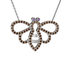 Bumblebee Arı Kolye - Ametist ve dumanlı kuvars 14 ayar beyaz altın kolye (40 cm gümüş rolo zincir) #1txhxmg