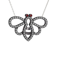 Garnet ve beyaz zirkon 925 ayar siyah rodyum kaplama gümüş kolye (40 cm gümüş rolo zincir)