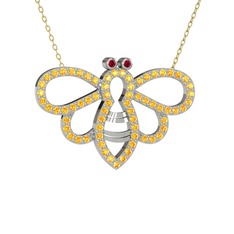 Bumblebee Arı Kolye - Rodolit garnet ve sitrin 8 ayar beyaz altın kolye (40 cm altın rolo zincir) #1umkfls