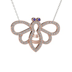 Lab safir ve beyaz zirkon 925 ayar rose altın kaplama gümüş kolye (40 cm gümüş rolo zincir)
