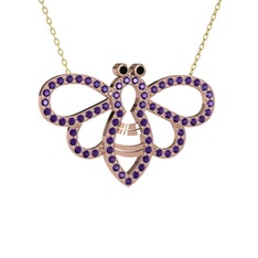 Bumblebee Arı Kolye - Siyah zirkon ve ametist 8 ayar rose altın kolye (40 cm altın rolo zincir) #1xu3xbt