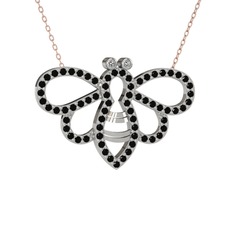 Bumblebee Arı Kolye - Beyaz zirkon ve siyah zirkon 14 ayar beyaz altın kolye (40 cm rose altın rolo zincir) #1xuc30u