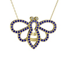 Bumblebee Arı Kolye - Swarovski ve lab safir 8 ayar altın kolye (40 cm altın rolo zincir) #1y48x92