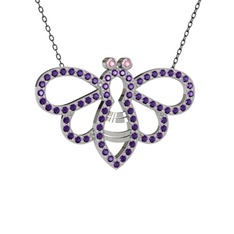 Bumblebee Arı Kolye - Pembe kuvars ve ametist 18 ayar beyaz altın kolye (40 cm gümüş rolo zincir) #26gknp