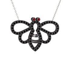 Garnet ve siyah zirkon 925 ayar siyah rodyum kaplama gümüş kolye (40 cm gümüş rolo zincir)