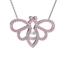 Bumblebee Arı Kolye - Pembe kuvars 14 ayar beyaz altın kolye (40 cm gümüş rolo zincir) #3433tj