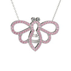 Bumblebee Arı Kolye - Pırlanta ve pembe kuvars 14 ayar beyaz altın kolye (0.022 karat, 40 cm beyaz altın rolo zincir) #3cz5ct