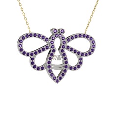 Bumblebee Arı Kolye - Ametist 8 ayar beyaz altın kolye (40 cm altın rolo zincir) #5eine7