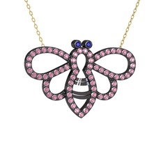 Bumblebee Arı Kolye - Lab safir ve pembe kuvars 925 ayar siyah rodyum kaplama gümüş kolye (40 cm altın rolo zincir) #5liv8l