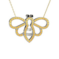Bumblebee Arı Kolye - Siyah zirkon ve sitrin 14 ayar beyaz altın kolye (40 cm altın rolo zincir) #5yebqi