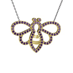 Bumblebee Arı Kolye - Ametist 14 ayar altın kolye (40 cm gümüş rolo zincir) #66d071