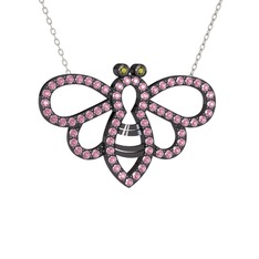 Bumblebee Arı Kolye - Peridot ve pembe kuvars 925 ayar siyah rodyum kaplama gümüş kolye (40 cm gümüş rolo zincir) #6dqz3y