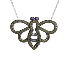 Bumblebee Arı Kolye - Ametist ve peridot 925 ayar siyah rodyum kaplama gümüş kolye (40 cm gümüş rolo zincir) #79nk7p