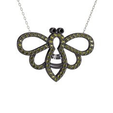 Bumblebee Arı Kolye - Siyah zirkon ve peridot 925 ayar siyah rodyum kaplama gümüş kolye (40 cm gümüş rolo zincir) #7mlnlg