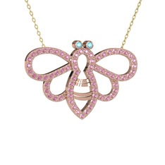Bumblebee Arı Kolye - Akuamarin ve pembe kuvars 925 ayar rose altın kaplama gümüş kolye (40 cm altın rolo zincir) #87nrrc