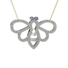 Bumblebee Arı Kolye - Ametist ve beyaz zirkon 14 ayar beyaz altın kolye (40 cm altın rolo zincir) #8b9ds8