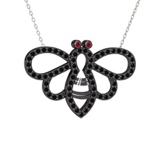 Bumblebee Arı Kolye - Rodolit garnet ve siyah zirkon 925 ayar siyah rodyum kaplama gümüş kolye (40 cm beyaz altın rolo zincir) #8hq03b