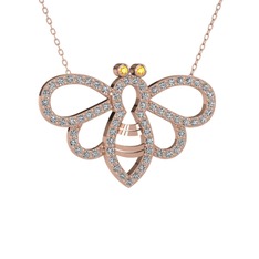 Bumblebee Arı Kolye - Sitrin ve beyaz zirkon 14 ayar rose altın kolye (40 cm rose altın rolo zincir) #8n41r3