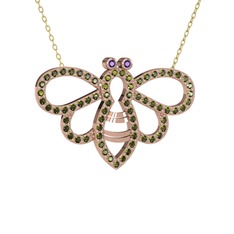 Bumblebee Arı Kolye - Ametist ve peridot 18 ayar rose altın kolye (40 cm altın rolo zincir) #8zflou