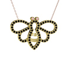 Bumblebee Arı Kolye - Pembe kuvars ve siyah zirkon 18 ayar altın kolye (40 cm rose altın rolo zincir) #9c8i8