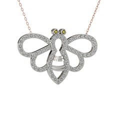 Bumblebee Arı Kolye - Peridot ve beyaz zirkon 18 ayar beyaz altın kolye (40 cm rose altın rolo zincir) #9hgg78