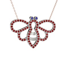 Bumblebee Arı Kolye - Lab safir ve garnet 14 ayar beyaz altın kolye (40 cm rose altın rolo zincir) #a5w2nt
