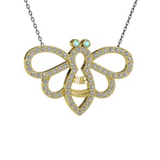 Bumblebee Arı Kolye - Akuamarin ve beyaz zirkon 18 ayar altın kolye (40 cm gümüş rolo zincir) #as477l