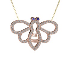 Lab safir ve beyaz zirkon 14 ayar rose altın kolye (40 cm gümüş rolo zincir)