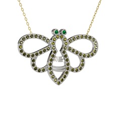 Bumblebee Arı Kolye - Yeşil kuvars ve peridot 18 ayar beyaz altın kolye (40 cm altın rolo zincir) #b2ym77