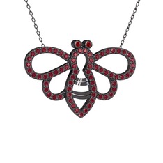 Bumblebee Arı Kolye - Garnet ve kök zümrüt 925 ayar siyah rodyum kaplama gümüş kolye (40 cm gümüş rolo zincir) #bj55fm