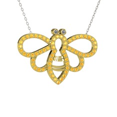Bumblebee Arı Kolye - Pırlanta ve sitrin 14 ayar altın kolye (0.022 karat, 40 cm beyaz altın rolo zincir) #bm1kmp