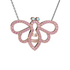 Akuamarin ve pembe kuvars 18 ayar rose altın kolye (40 cm gümüş rolo zincir)