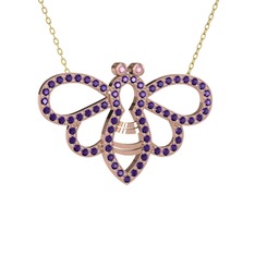 Pembe kuvars ve ametist 8 ayar rose altın kolye (40 cm altın rolo zincir)